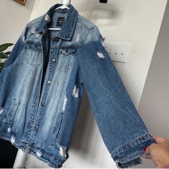 American Bazi Plus Oversized Denim/Jean Jacket Sz 2X Distressed destroyed Blue - Picture 5 of 10